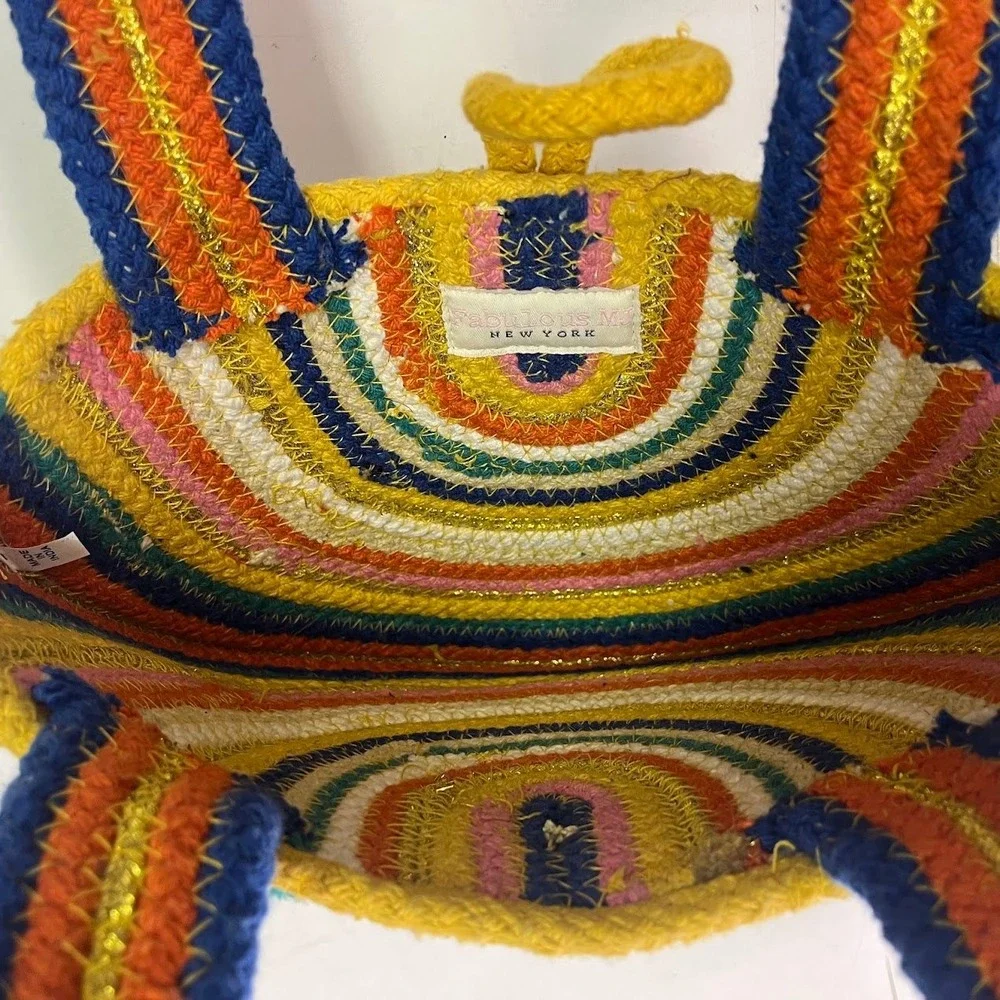 Fabulous MJ New York Rainbow Braided Rope Tote Bag Gold Metallic Toggle Small